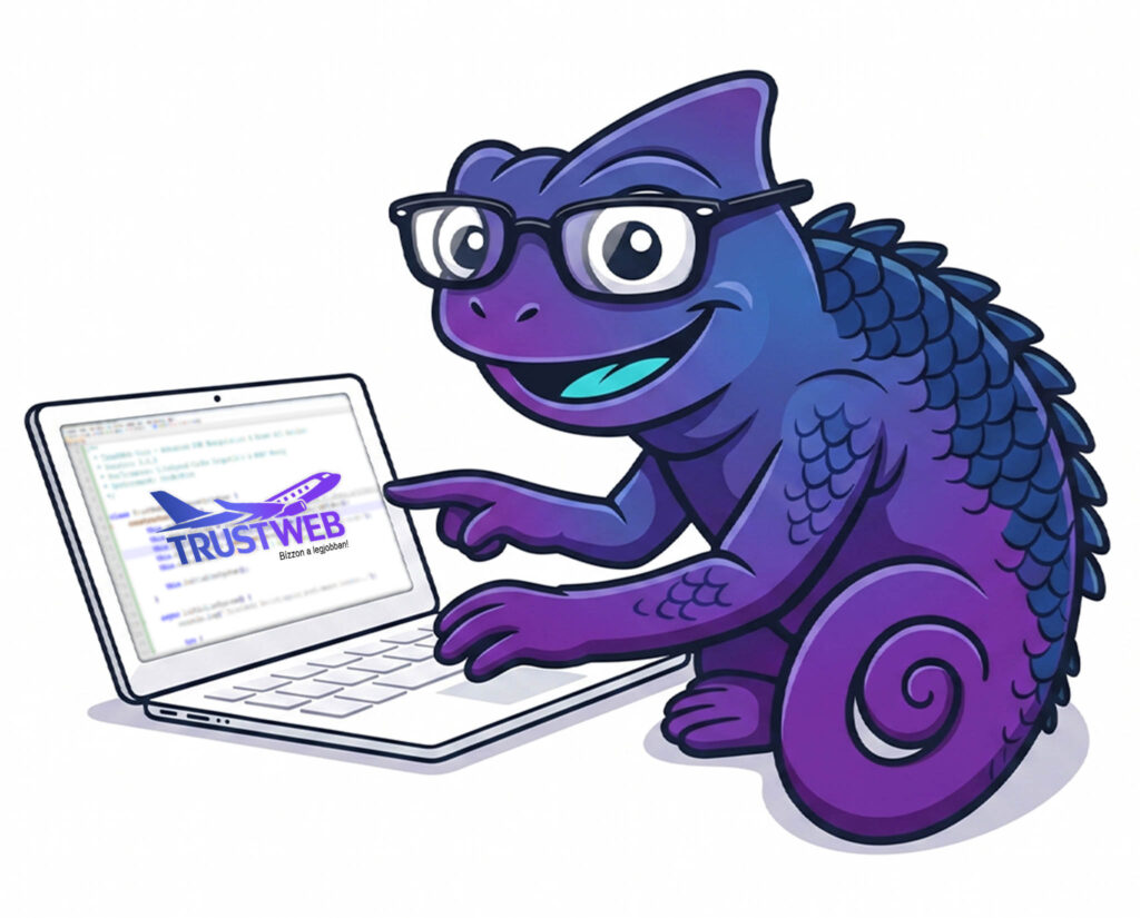 Leon, a reszponzív kaméleon szemüvegben kódol egy laptopon a TrustWeb modern és gyors weboldal készítés folyamata közben.