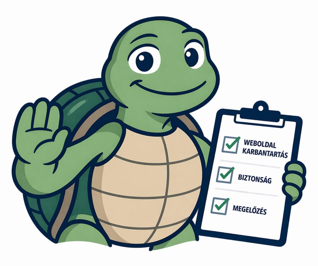 Teki, a TrustWeb biztonsági teknőse egy weboldal karbantartás, vírusvédelem és megelőzés feliratú ellenőrzőlistát tart a kezében.